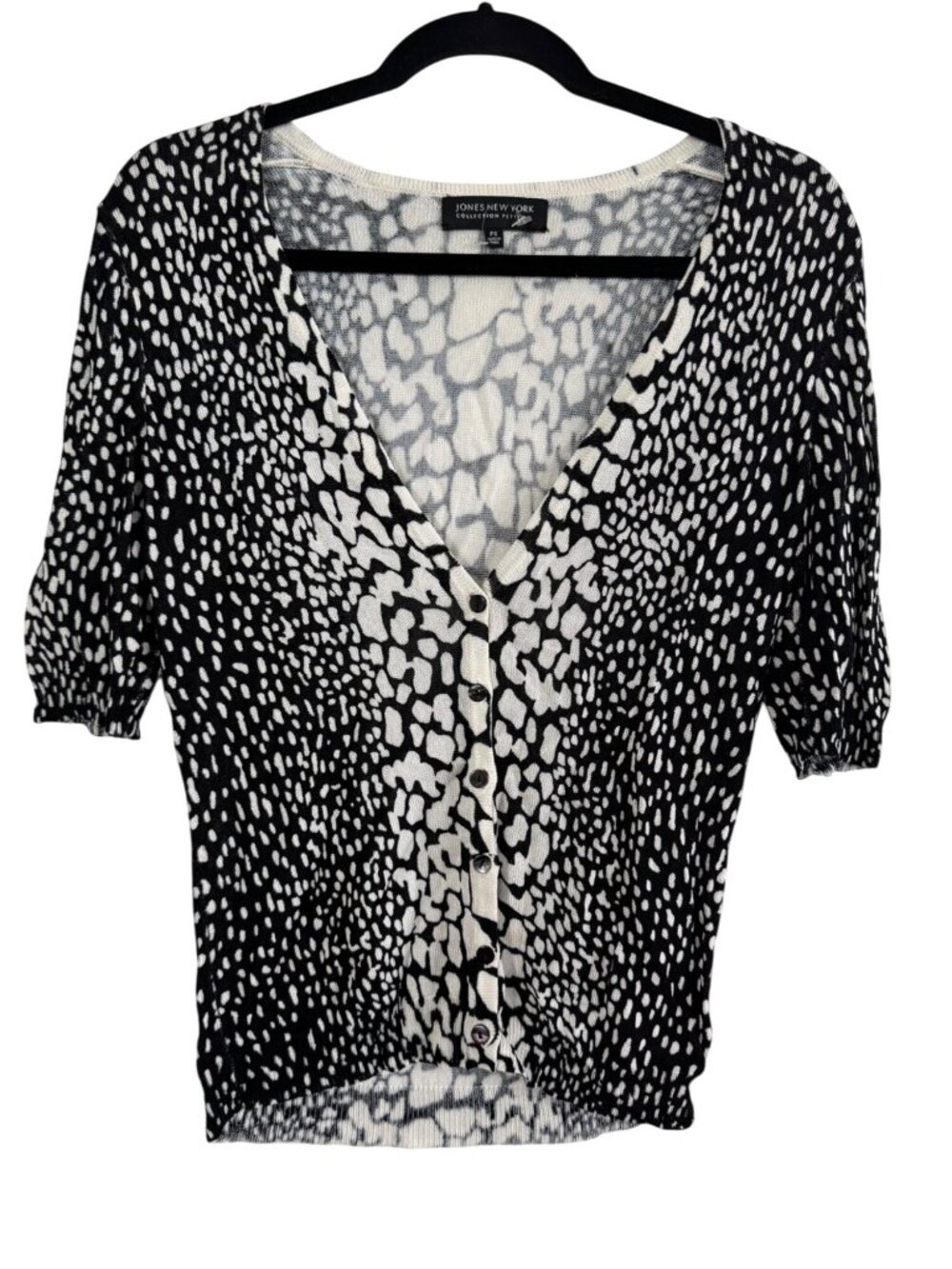 Jones New York Petite Black & White Animal Print Cardigan Sweater Button Front V